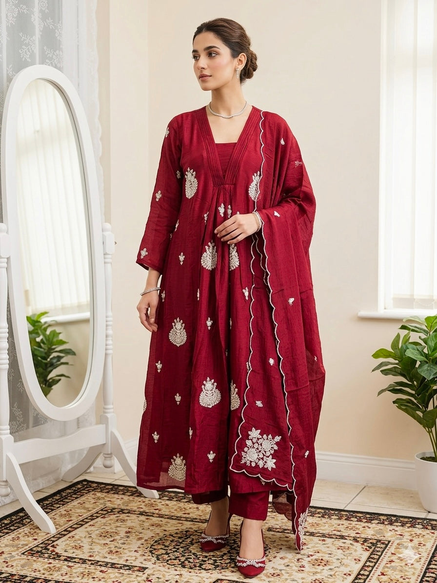 MIRA 12 -Deep Crimson red chinon Flared suit