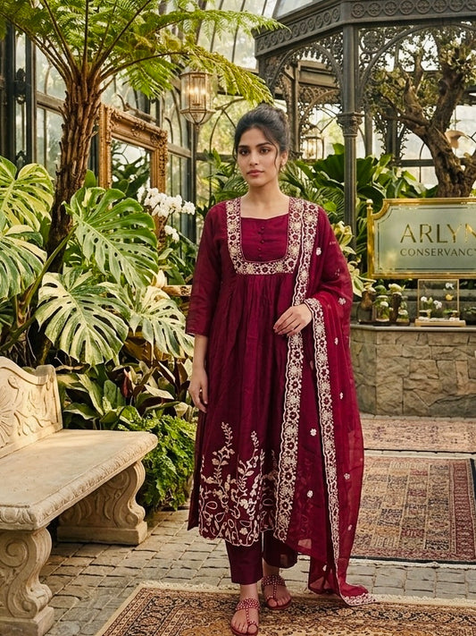 MIRA -18 Luxe Collection: Deep Wine Intricately Embroidered Chinon Anarkali Set