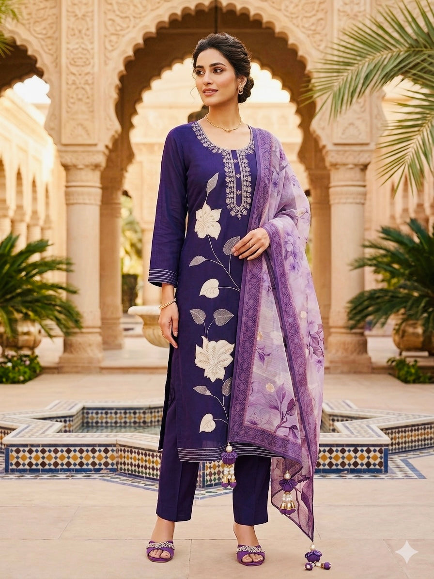 Royal Indigo Embroidered 3-Piece Salwar Kameez Suit with Floral Organza Dupatta - VIHA 017