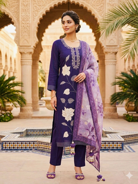 Royal Indigo Embroidered 3-Piece Salwar Kameez Suit with Floral Organza Dupatta - VIHA 017