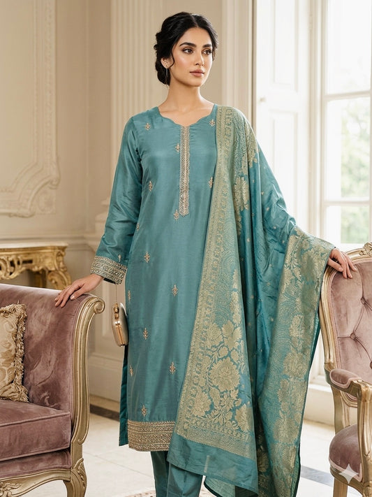 Ethereal Teal Embroidered Silk Suit with Banarasi Dupatta