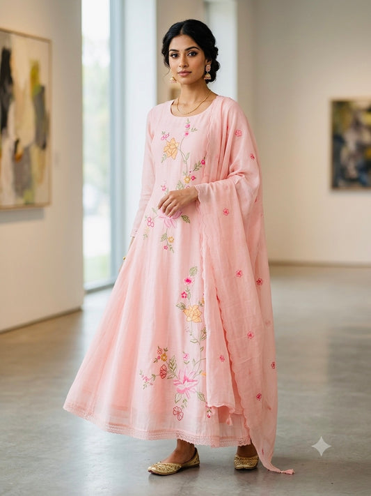 MIRA 06-Arlyn Boutique Luxe Collection: Pastel Pink Hand-Embroidered Mul Chanderi Anarkali Set