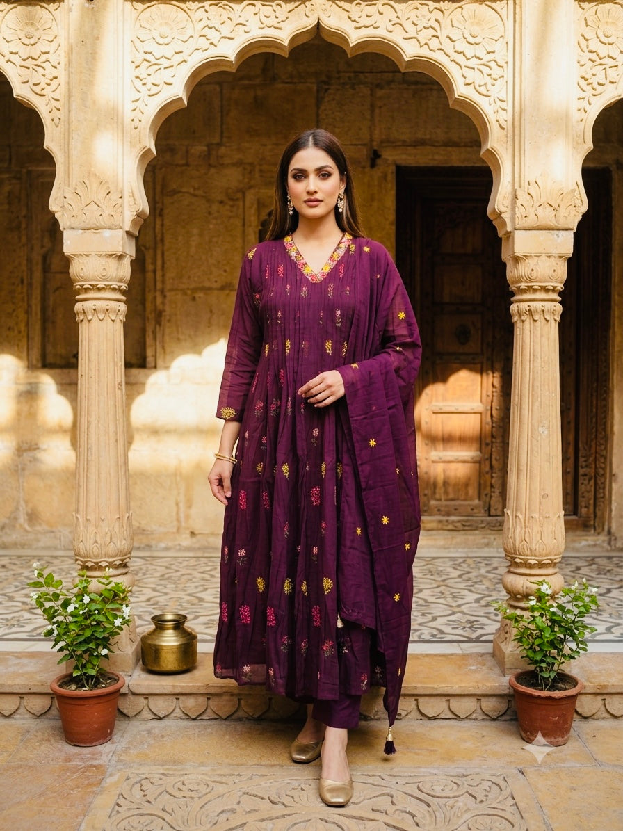 Elegant Deep Plum Mul chanderi Anarkali Suit-Luxe