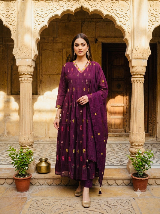 Elegant Deep Plum Mul chanderi Anarkali Suit-Luxe
