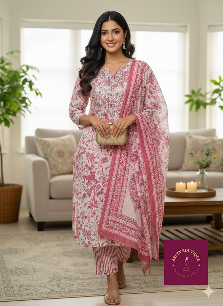 Pink & White Block Print Cotton Suit