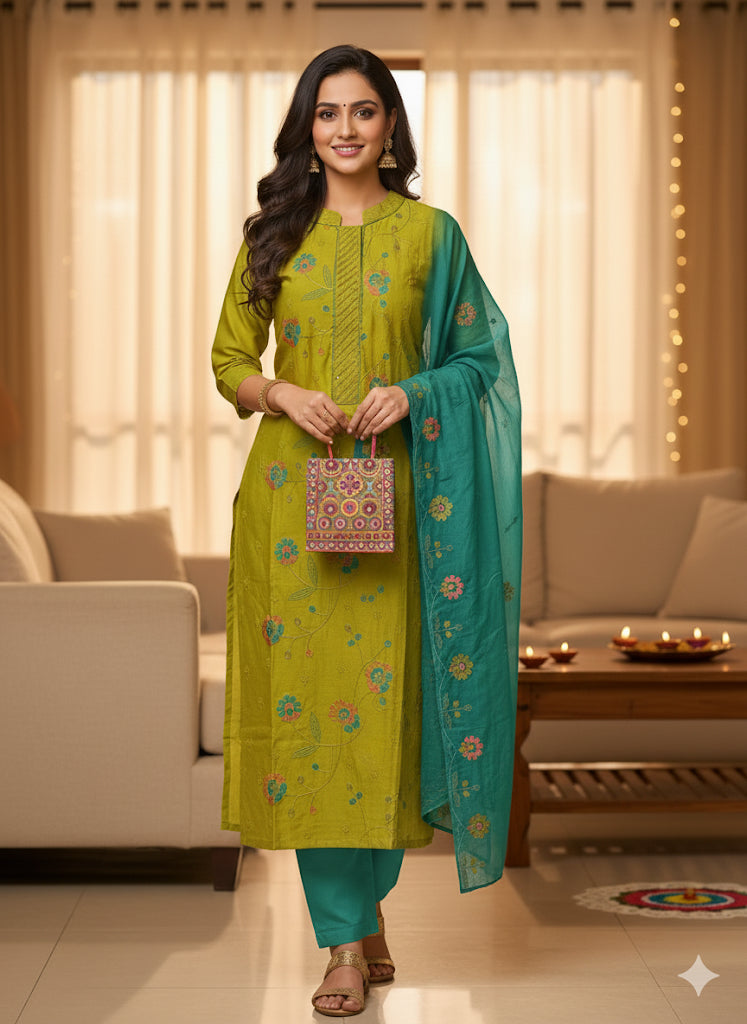 Olive green & Teal Embroidered Suit Set