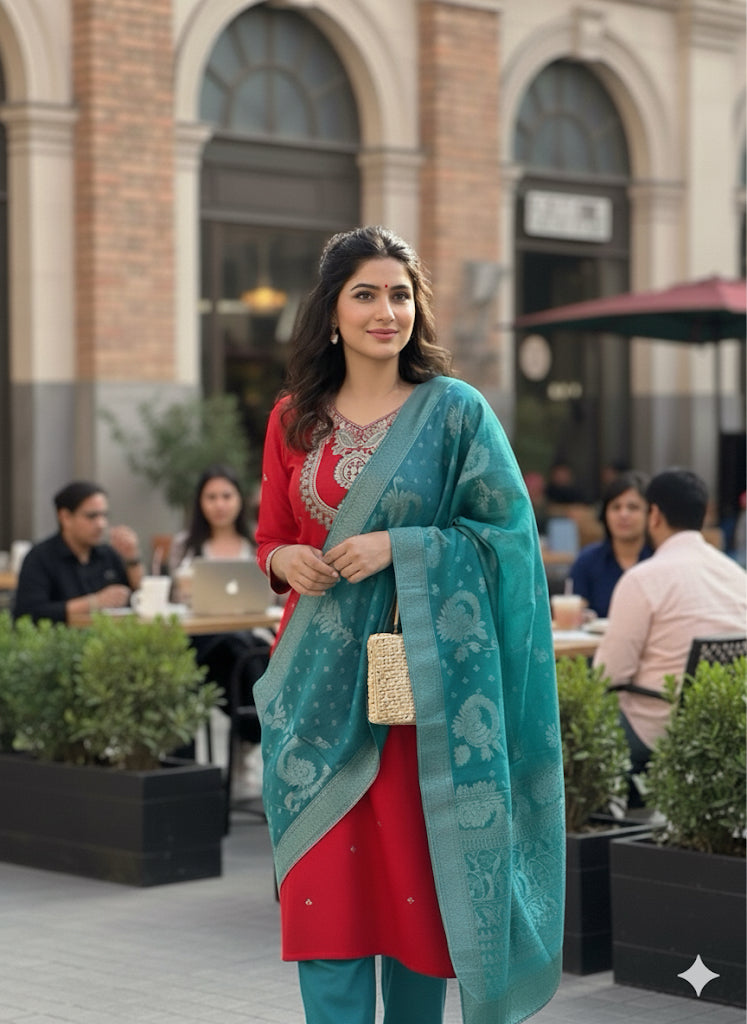 Crimson red and teal blue suit