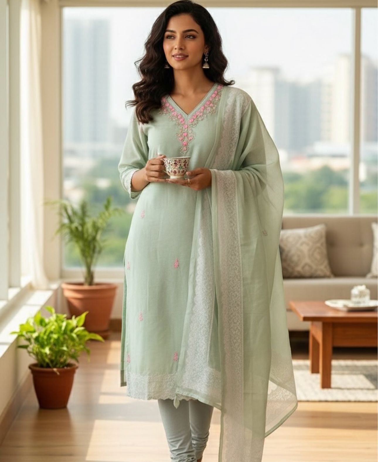 Light Green Embroidered Kurta Set