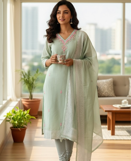 Light Green Embroidered Kurta Set