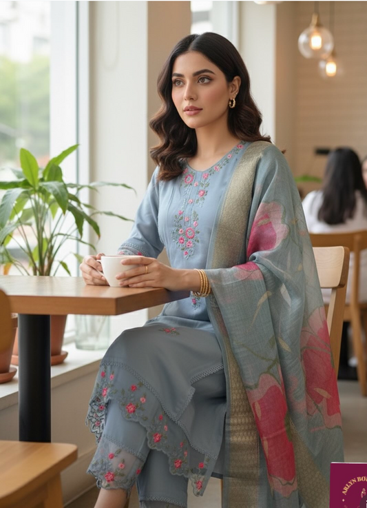 Slate blue and Grey Embroidered Suit with Floral Dupatta